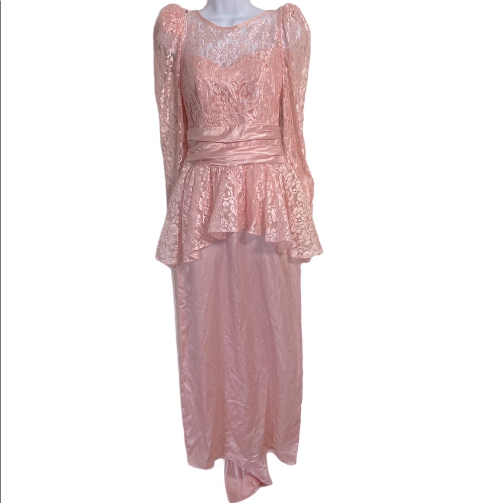 Vintage 80’s Pink Lace Puff Sleeve Formal Gown